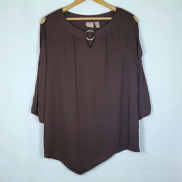 Chico's Brown Open Shoulder Sheer Lined Blouse Asymmetrical Hem Size Medium M - Picture 1 of 6
